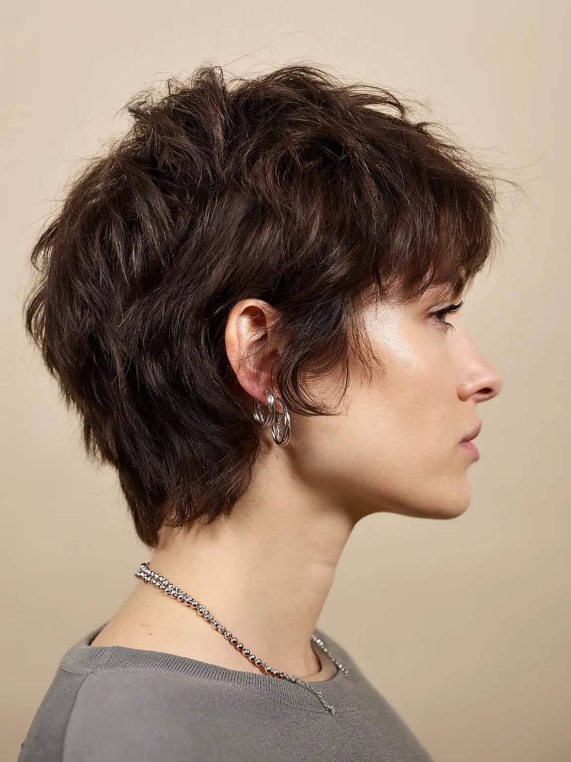 Dark Chocolate Textured Pixie with Side-Swept Bangs
